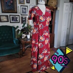 Talbots Floral Wrap Dress Vintage 90s‎ Burgundy Silk Blend Short Sleeve Midi